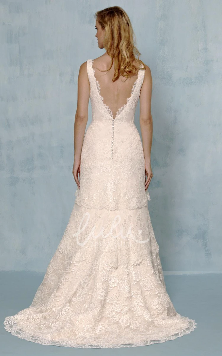 V-Neck Appliqued Lace Wedding Dress with Tiers in A-Line Style