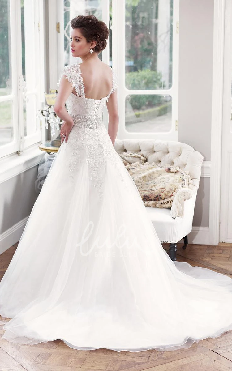 Jeweled Tulle&Lace A-Line Wedding Dress with Cape Classy Bridal Gown