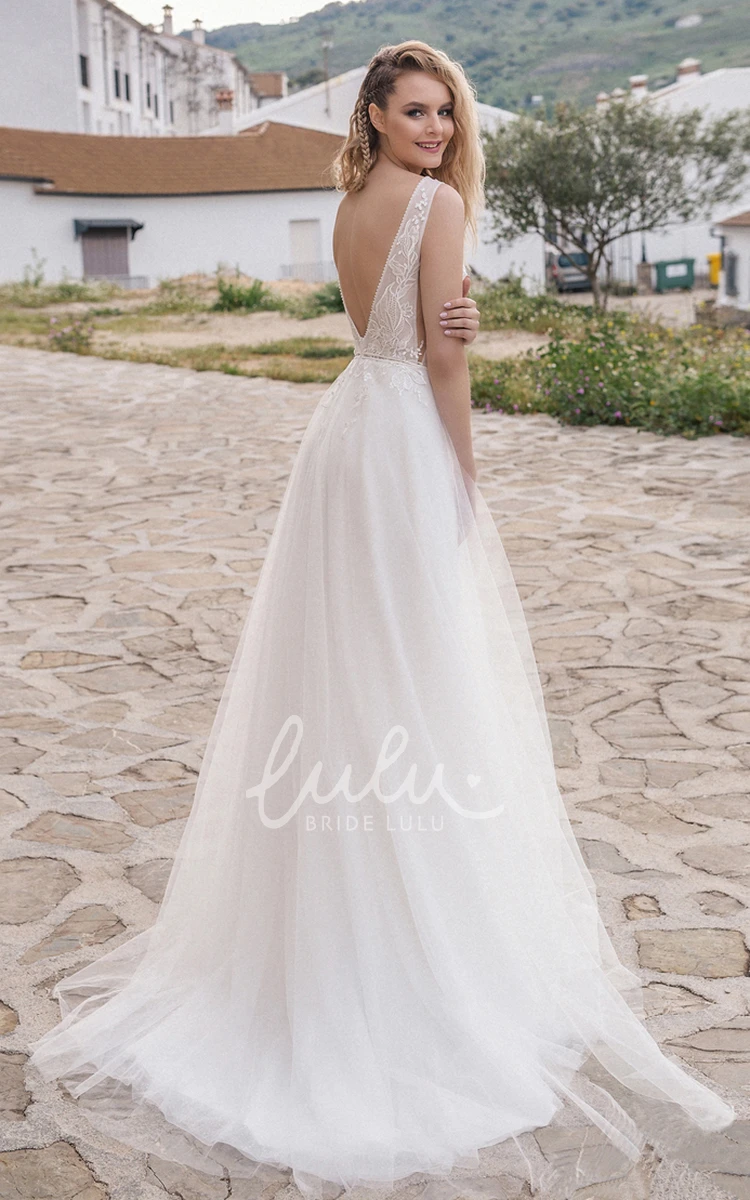 Sleeveless A-Line Tulle Wedding Dress with V-Neck and Deep-V Back Simple and Elegant Wedding Dress