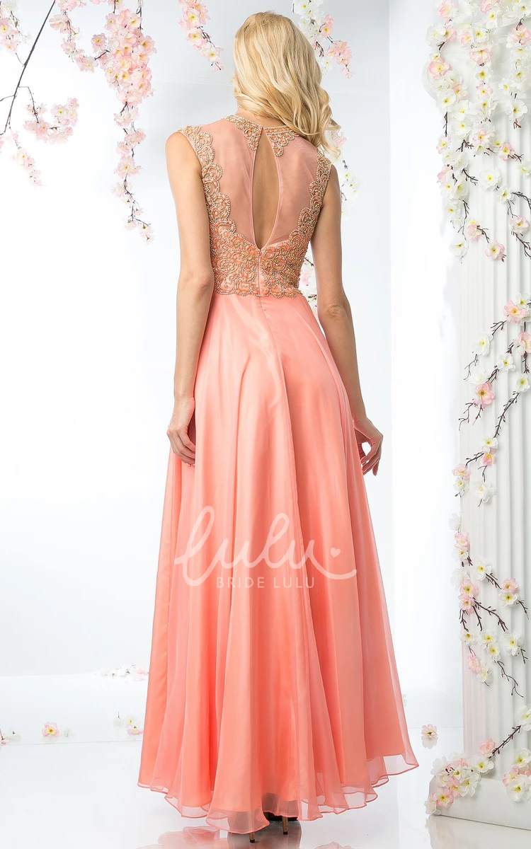 Satin Illusion Dress with Beading and Pleats A-Line Jewel-Neck Ankle-Length