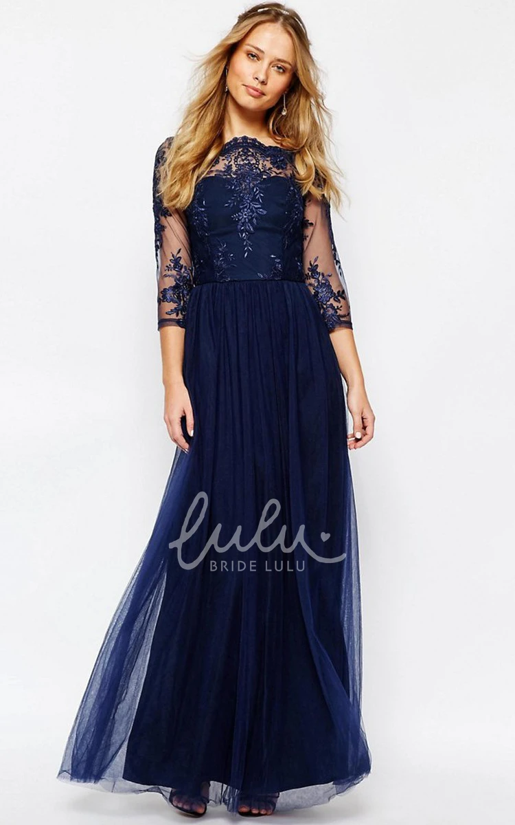 A-Line Appliqued Tulle Bridesmaid Dress Bateau-Neck Pleats 3-4-Sleeve Long