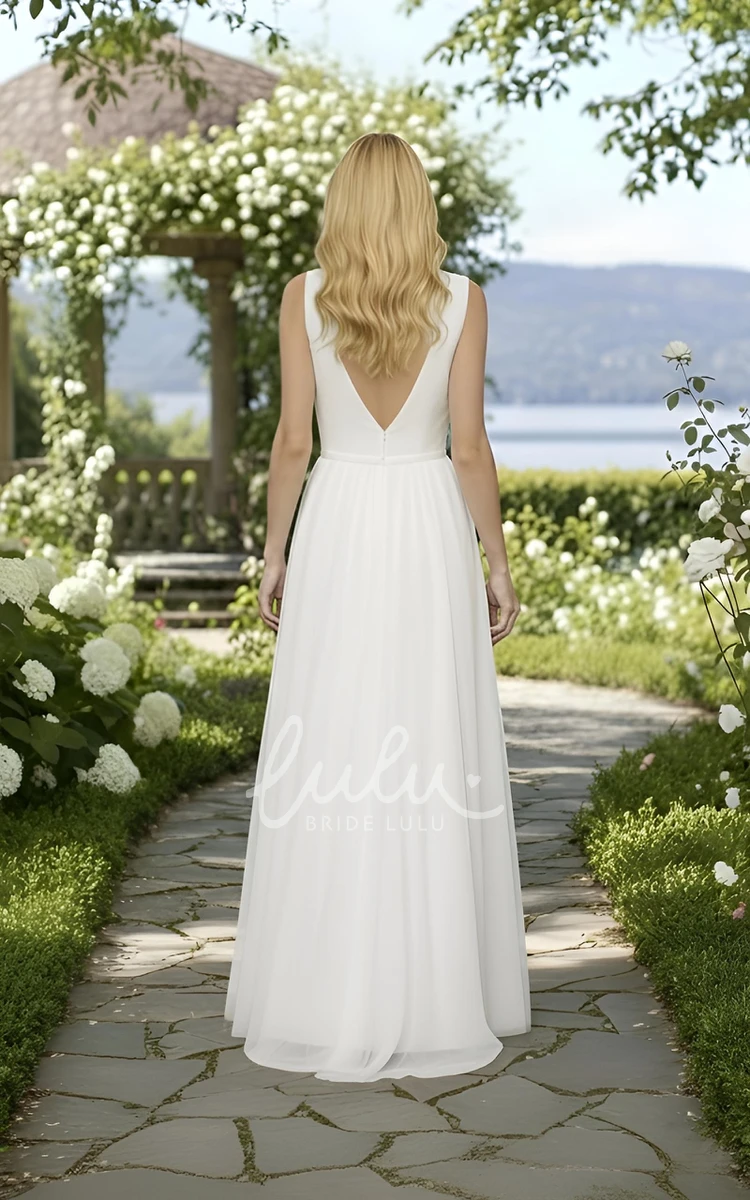 Sleeveless Lace A-Line Wedding Dress V-Neck Chiffon Garden Gown for Outdoor Wedddings