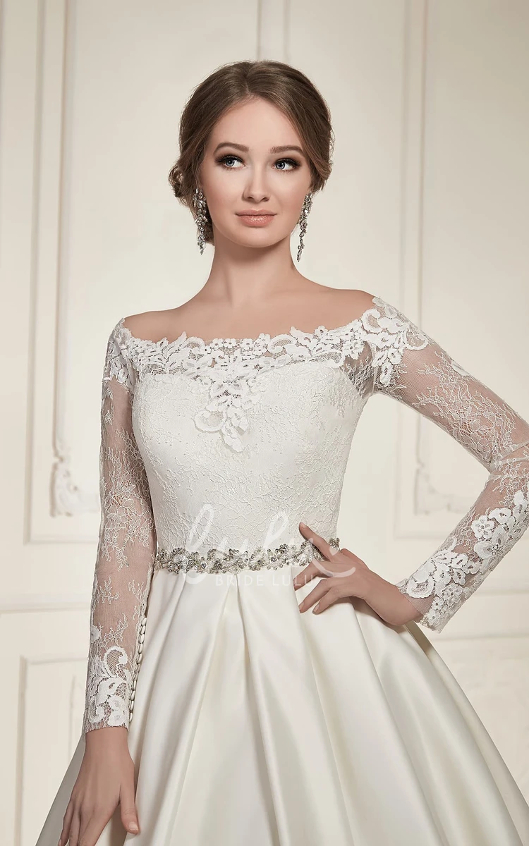 Illusion-Sleeve Satin Wedding Dress with Beading and Pleats