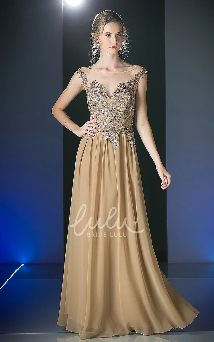 Scoop-Neck Sleeveless Sheath Dress with Appliques and Illusion in Chiffon Fabric