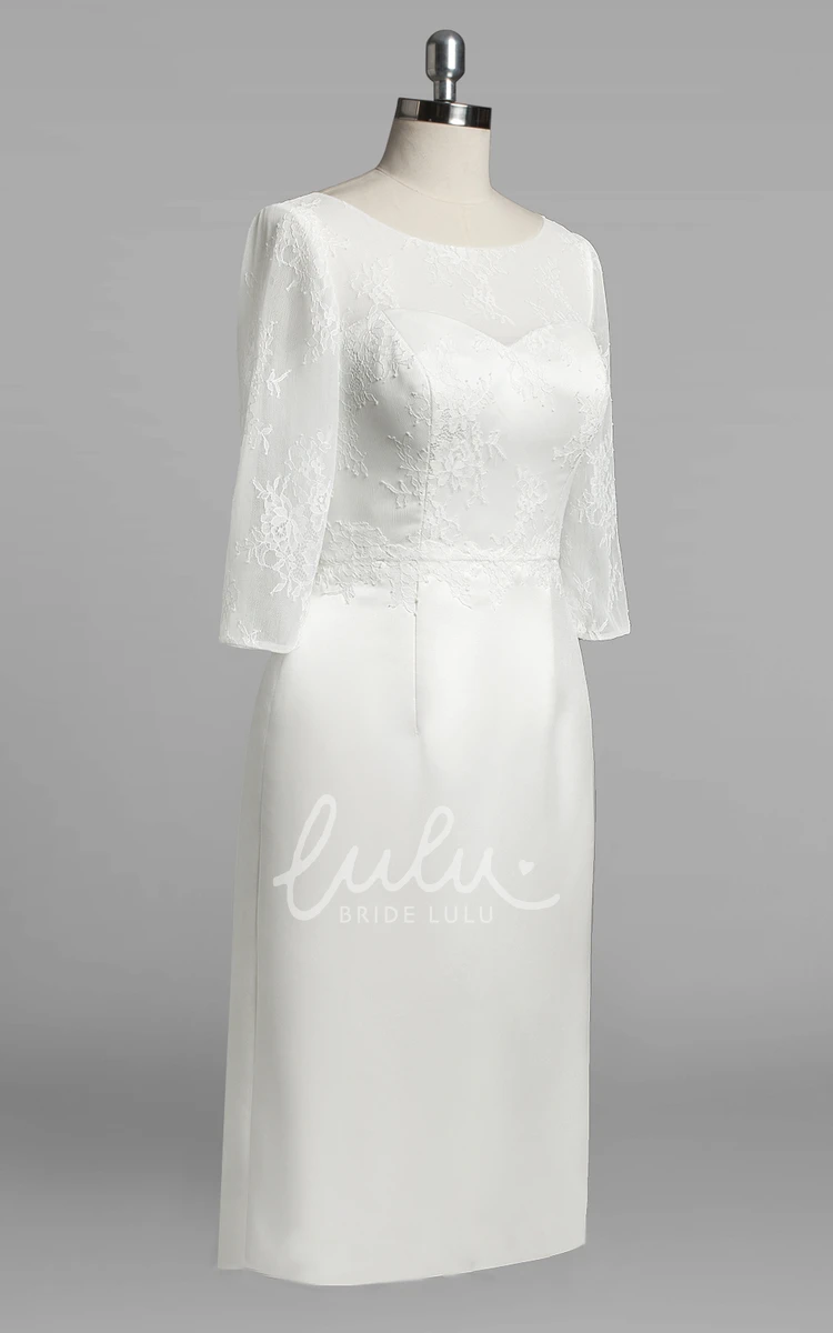 Satin Sheath Wedding Dress with Lace Bodice and 3/4 Sleeves