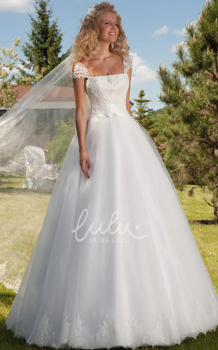 Cap Sleeve Square Neck Tulle A-Line Wedding Dress with Applique and Lace-Up Modern Bridal Gown