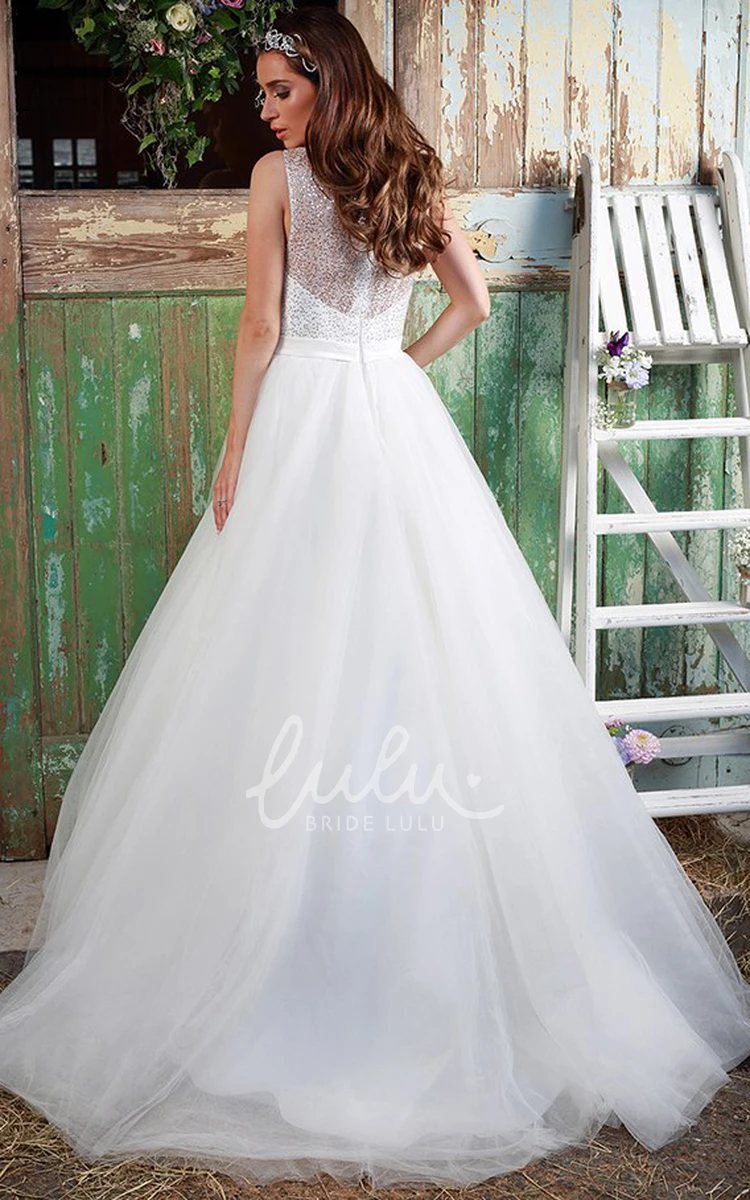 Sequined Tulle Wedding Dress Ball Gown Scoop Neck Floor-Length Sleeveless