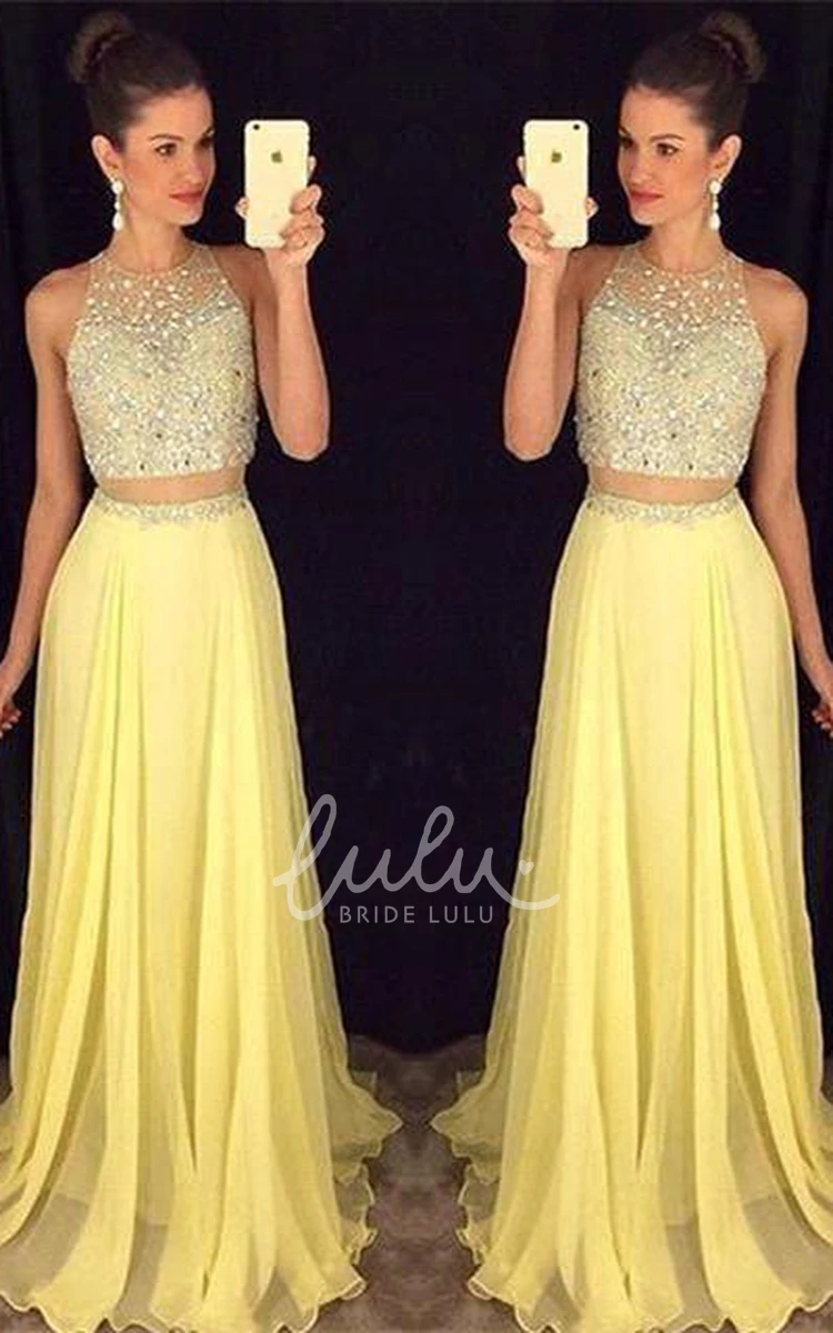 Sleeveless Chiffon Prom Dress with Beadings and Party Gowns