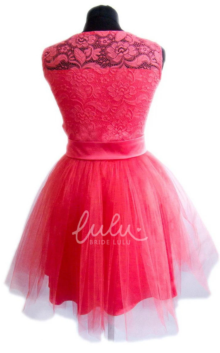 Lace and Tulle Mini Dress with Satin Belt for Bridesmaids