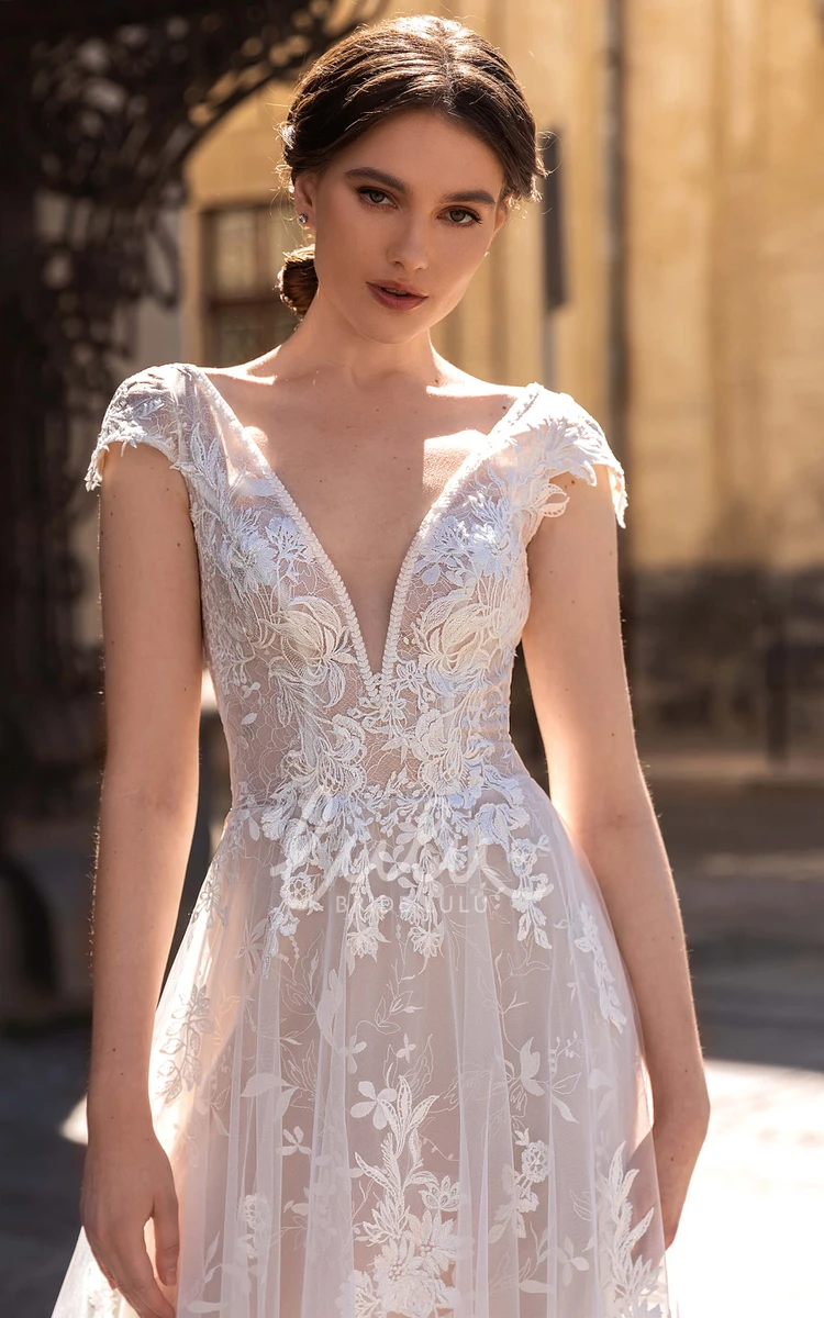 Ethereal Short Sleeve A Line Lace Wedding Dress with Plunging Neckline and Floor-length Ruching