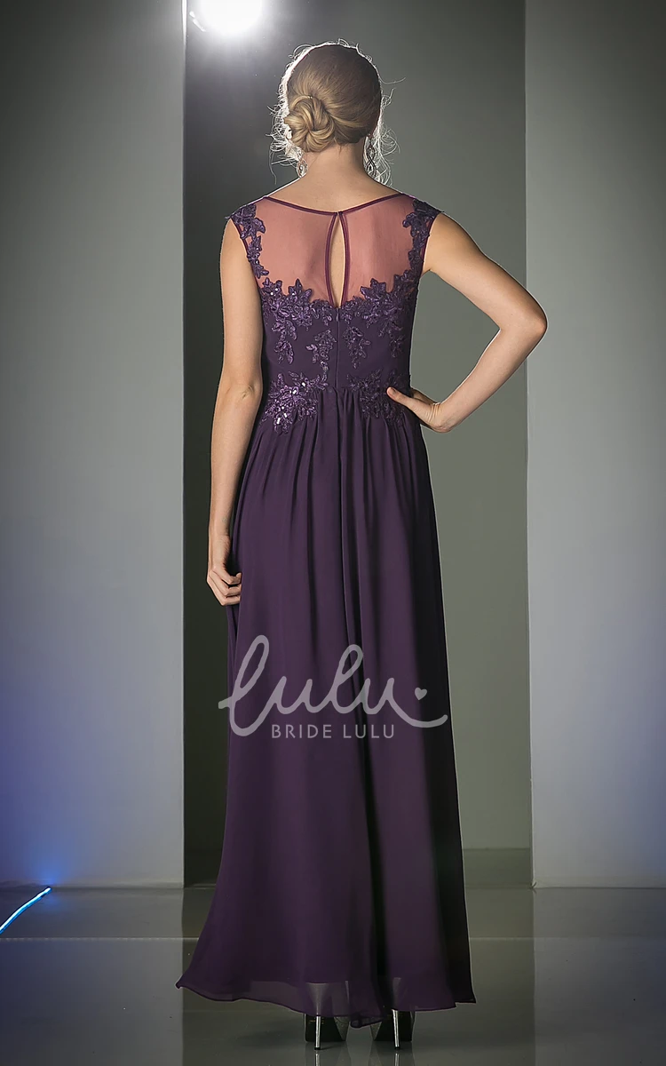 Scoop-Neck Sleeveless Sheath Dress with Appliques and Illusion in Chiffon Fabric