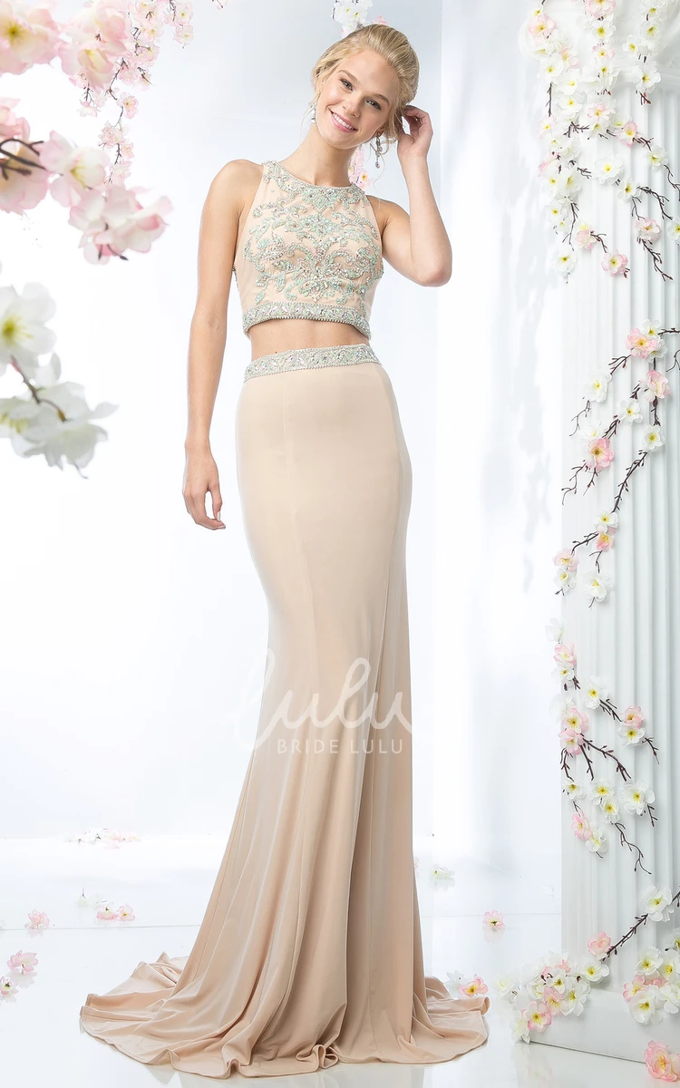 Two-Piece Jersey Sheath Bridesmaid Dress with Jewel-Neck and Beading