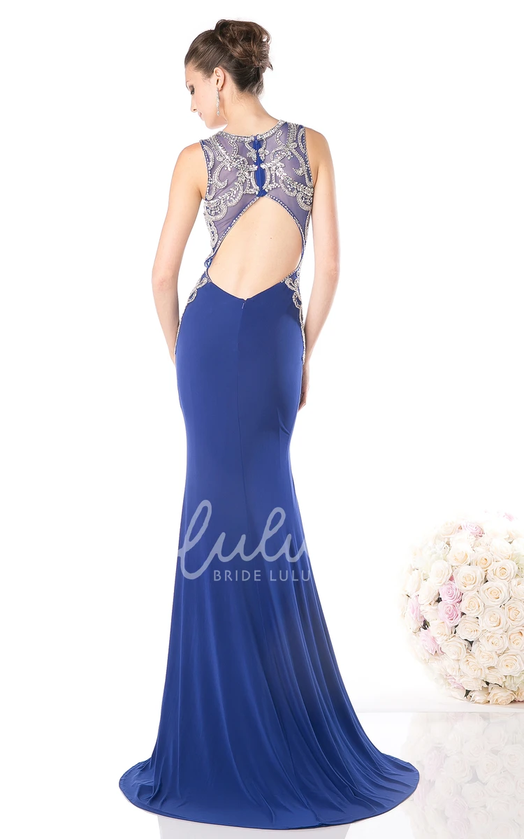 Maxi Sleeveless Jewel-Neck Sheath Jersey Prom Dress with Keyhole Back and Pleats