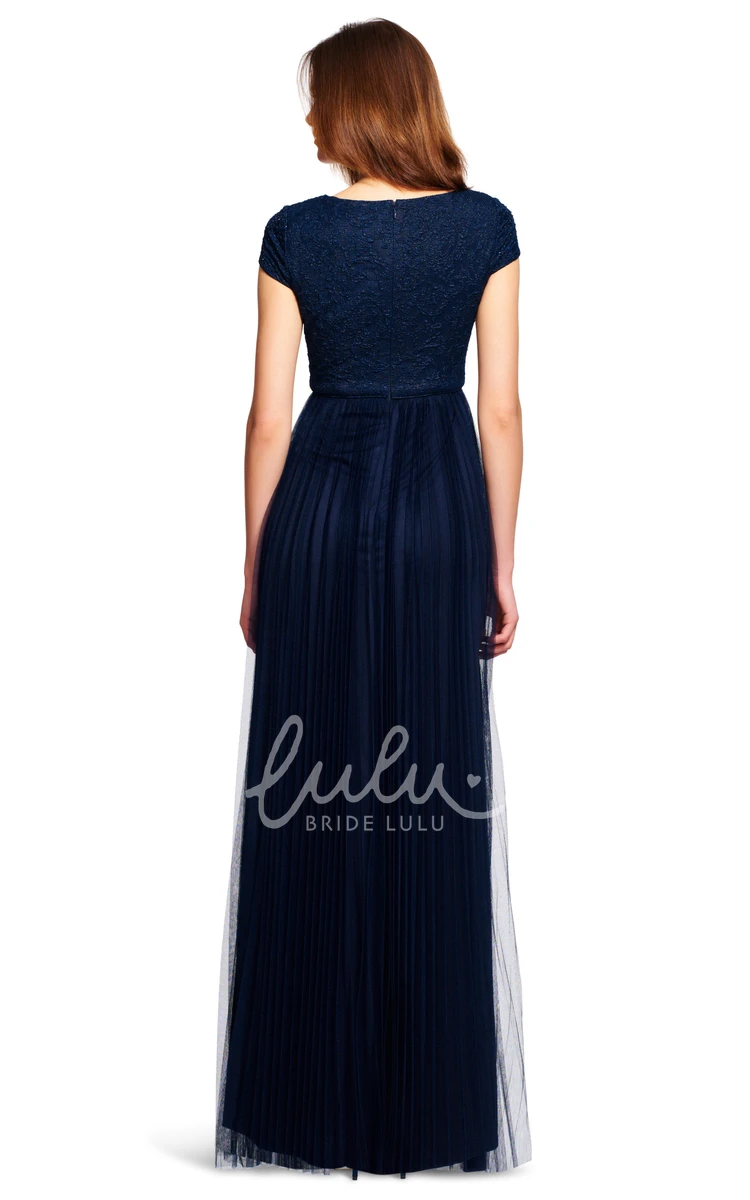 Sequined Sheath Bridesmaid Dress Lace Cap-Sleeve V-Neck Pleated