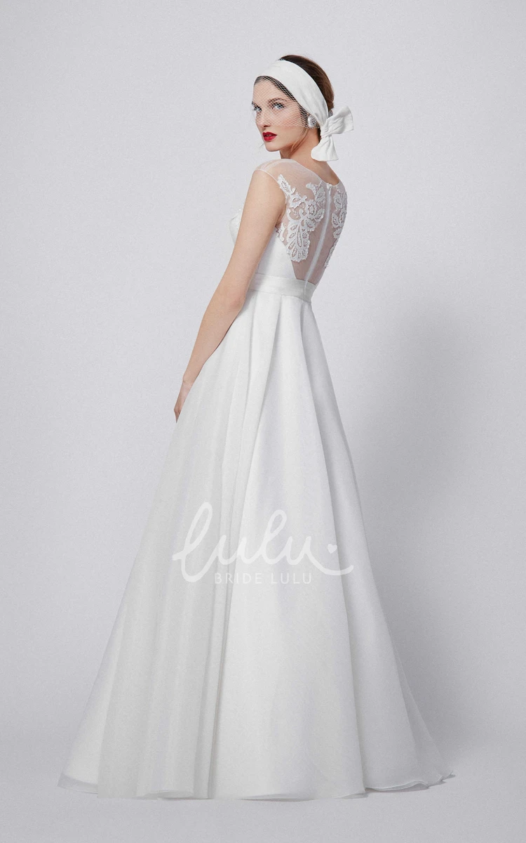 Satin Cap-Sleeve A-Line Bridesmaid Dress Appliqued Scoop-Neck Floor-Length