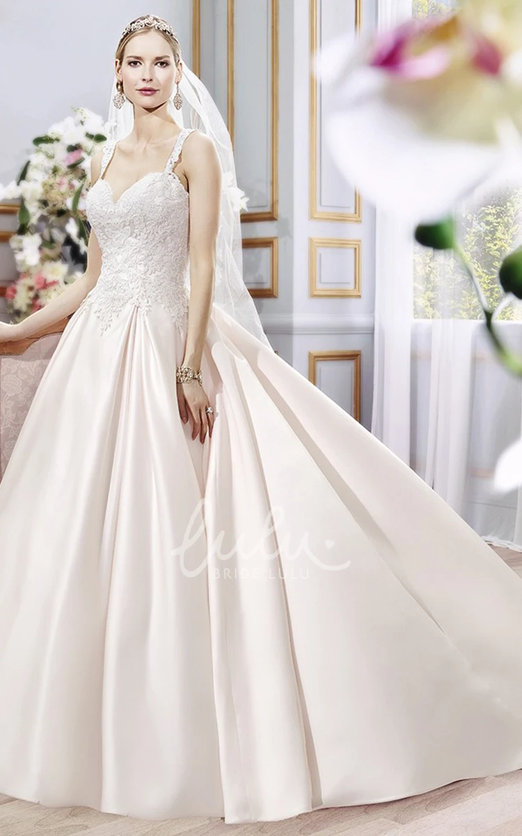 Satin&Lace Sleeveless Ball-Gown Wedding Dress with Appliques and Court Train