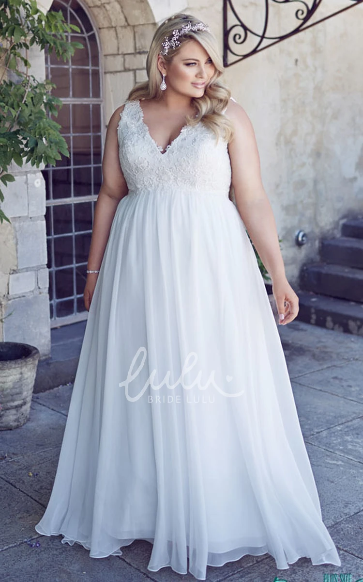 Plus Size Chiffon Wedding Dress with Appliques Sleeveless V-Neck Floor-Length Gown