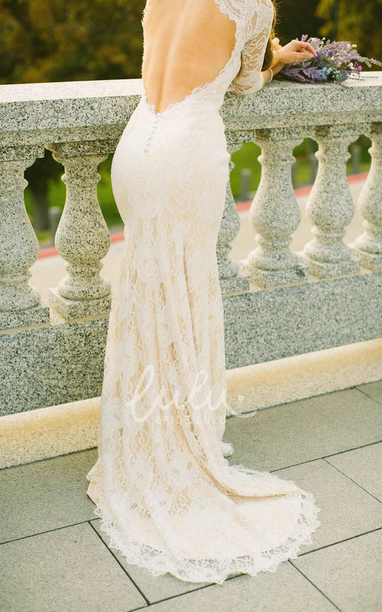 Illusion Sleeve Satin Lace Wedding Dress with Keyhole Modern Satin Lace Wedding Dress