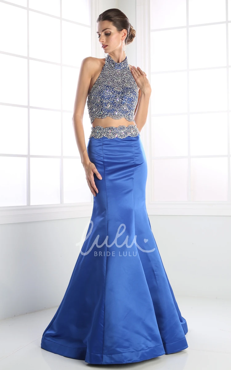 Two-Piece Sleeveless Trumpet Satin Formal Dress with High Neck and Beading