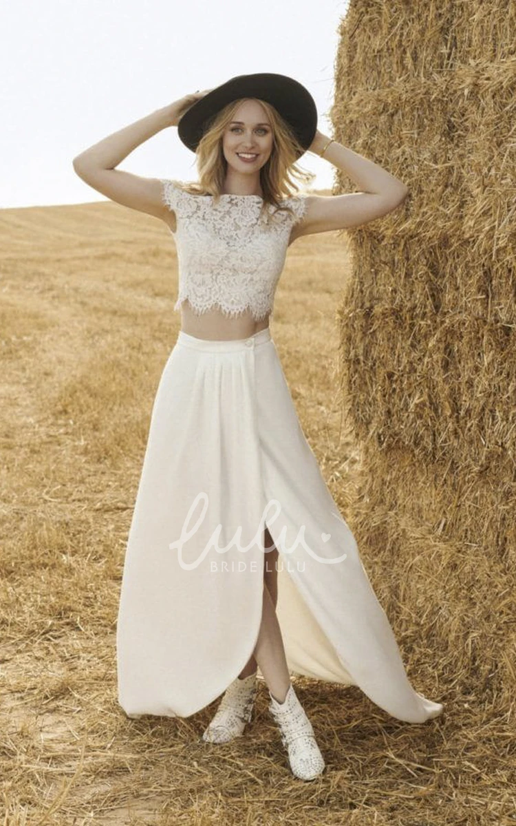 Lace Top Chiffon Skirt Two-piece Wedding Dress with Front Split Elegant Bridal Gown