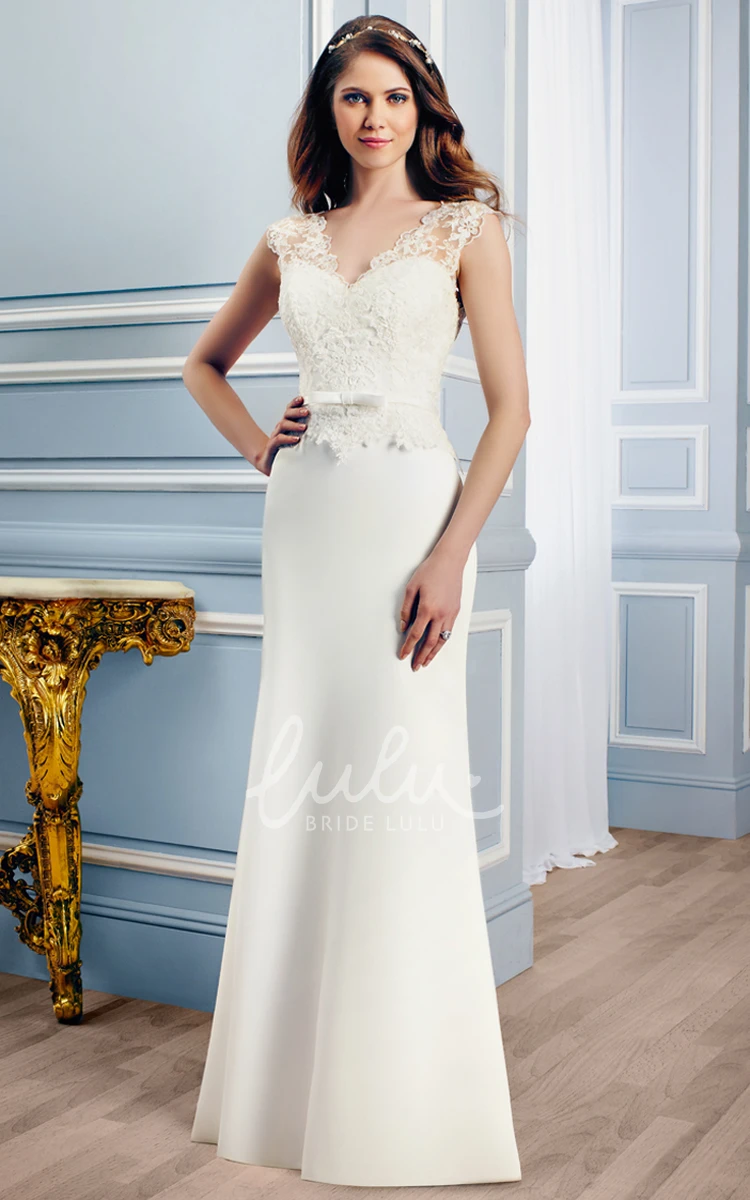 Sheath V-Neck Appliqued Satin Wedding Dress with Illusion Back Floor-Length Bridal Gown