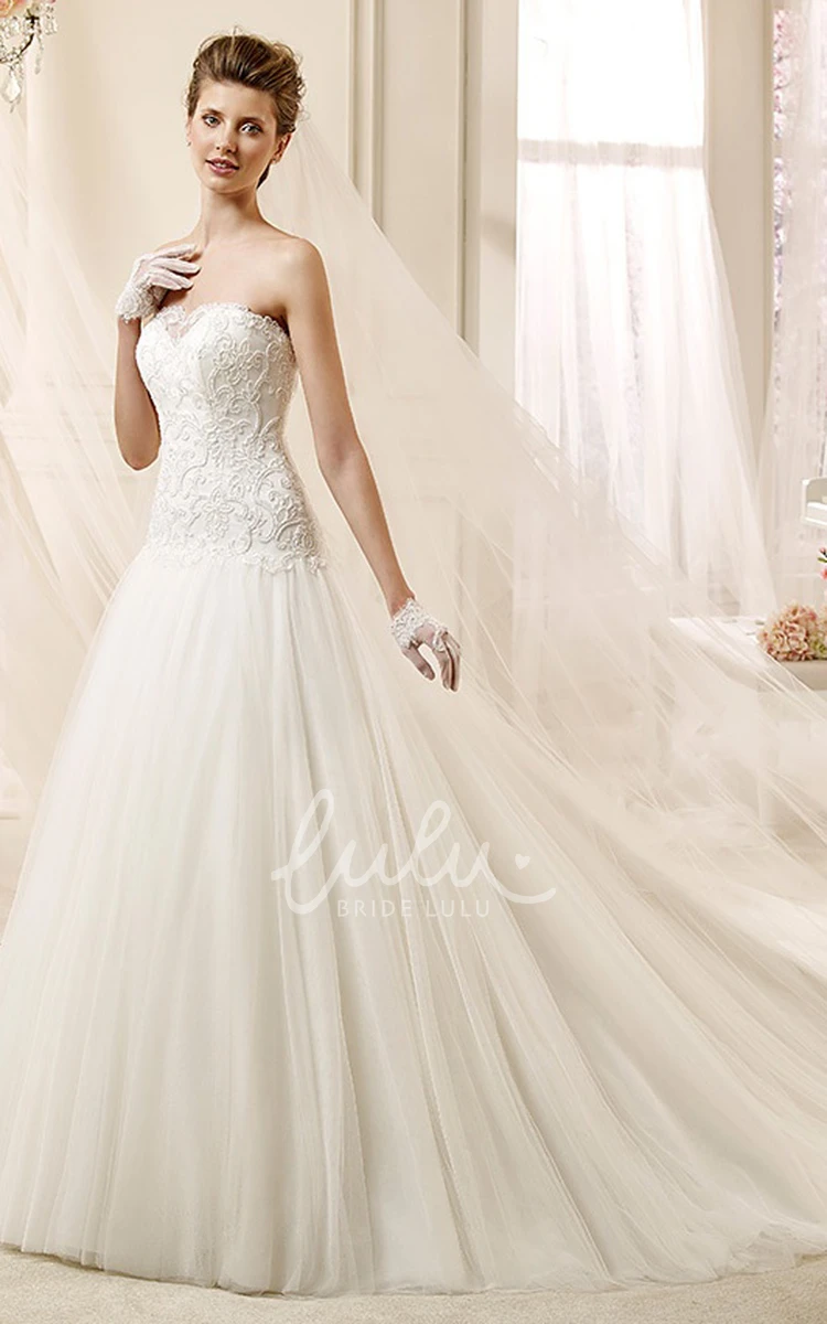 Strapless A-line Wedding Dress with Lace Bodice and Brush Train Simple Style