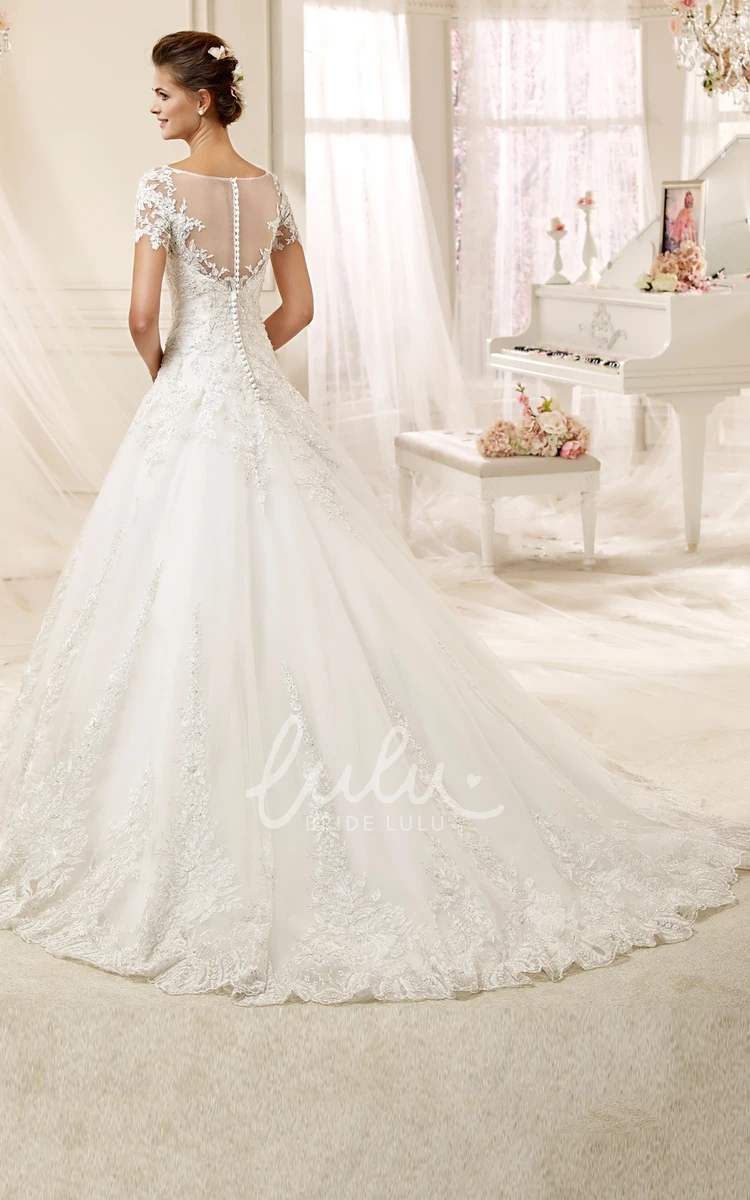 Illusive A-line Wedding Dress with Jewel-neck and Brush Train Elegant and Unique