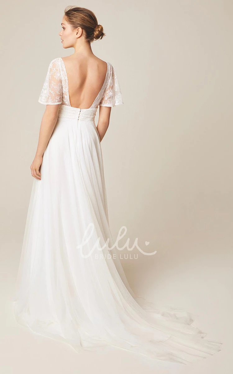 Lace Illusion Short Sleeve Ethereal Wedding Dress Elegant Bridal Gown