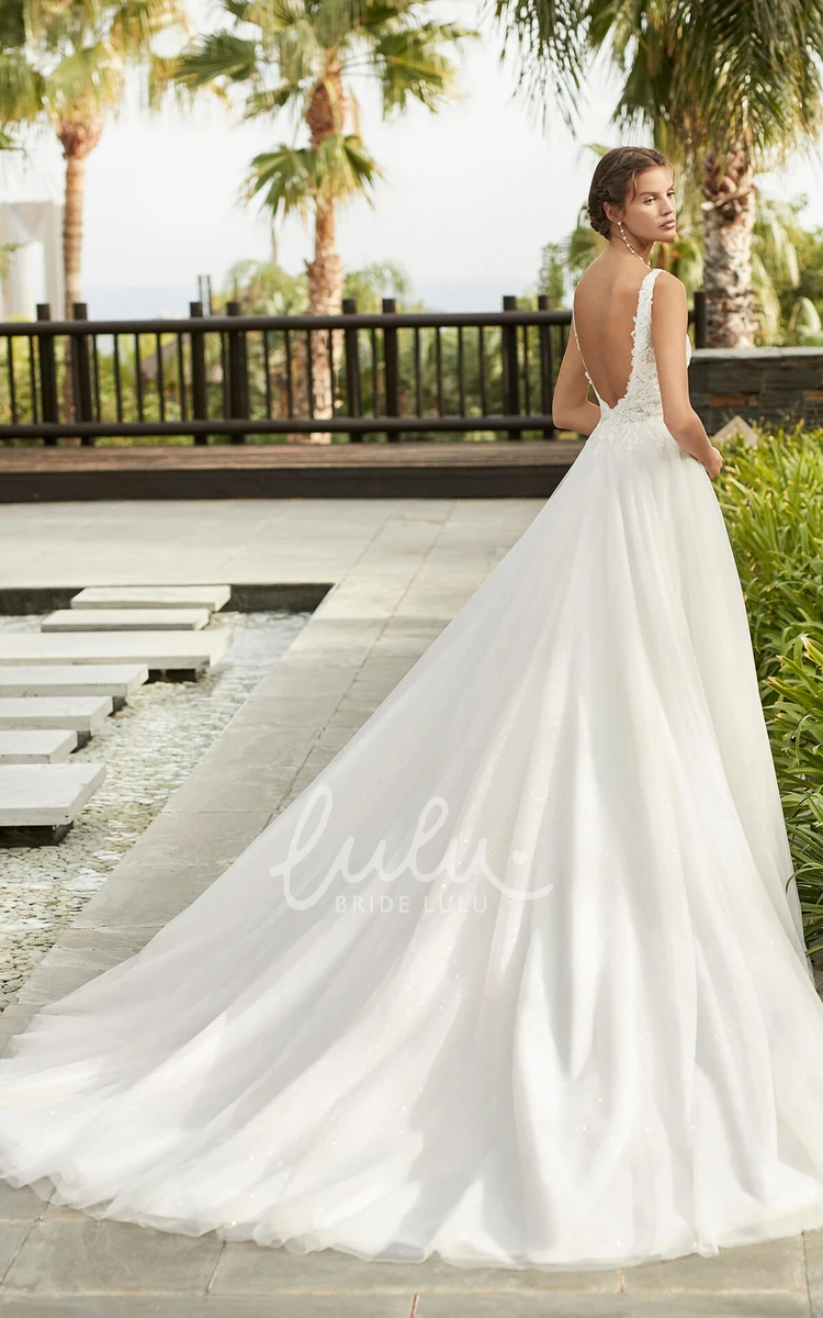 Lace Tulle Plunging Neckline A-line Wedding Dress with Cathedral Train