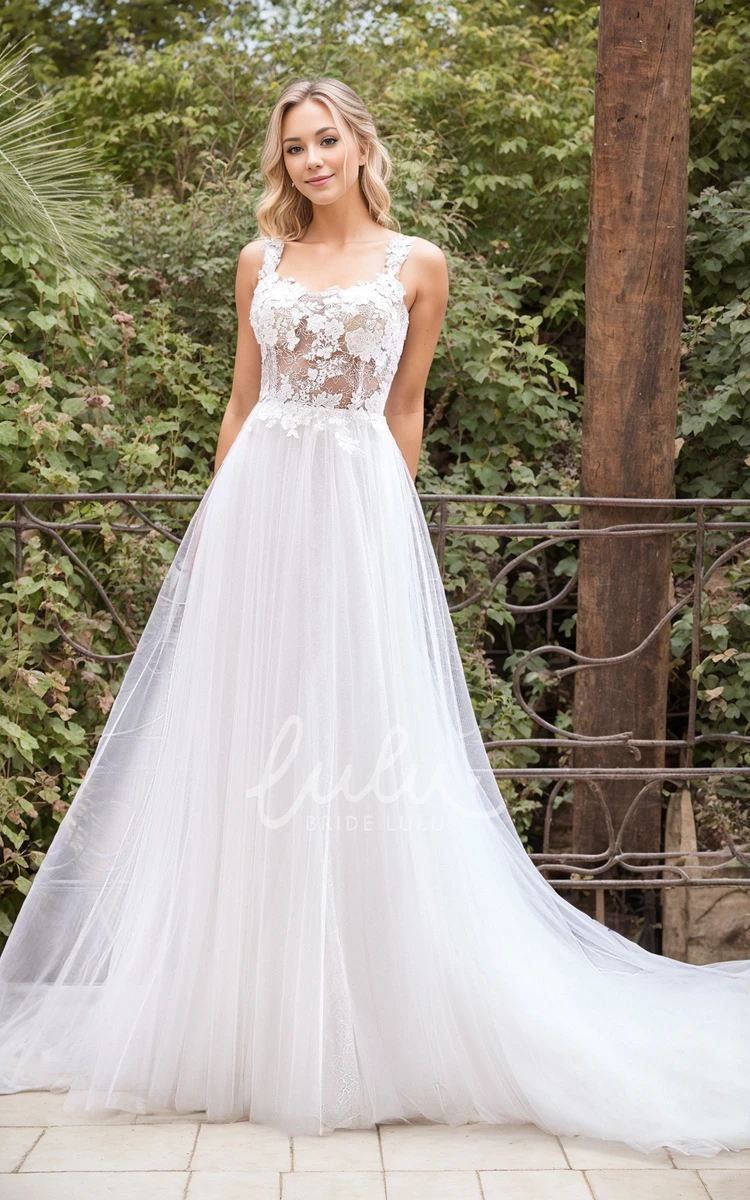 Whimsical Summer A-Line Boho Lace Square Neckline Wedding Dress Modern Floral Wide Spaghetti Strap Flower Appliques Floor Length Bridal Gown with Train