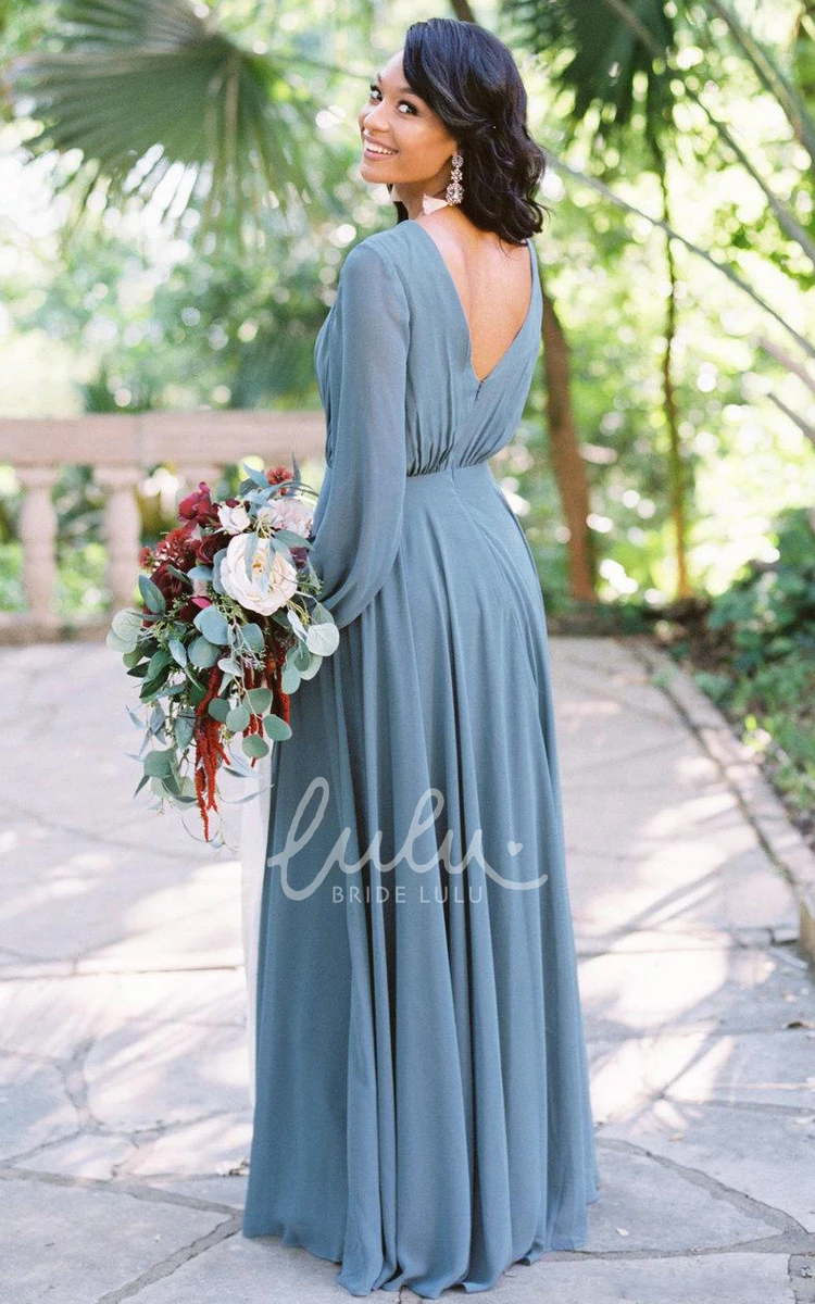 Chiffon Long Sleeve A-line Bridesmaid Dress with Ruching & Pleats Modern & Classy