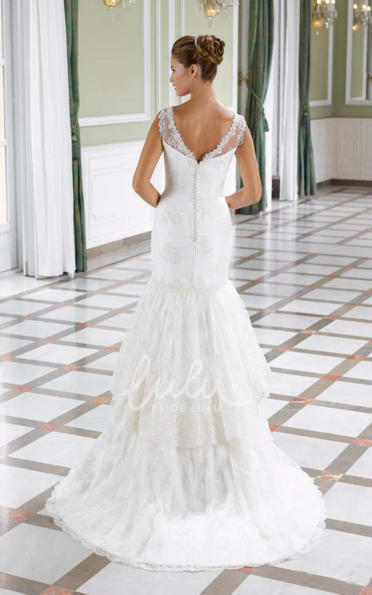 Long Tiered Lace Wedding Dress with Appliques and Low-V Back A-Line