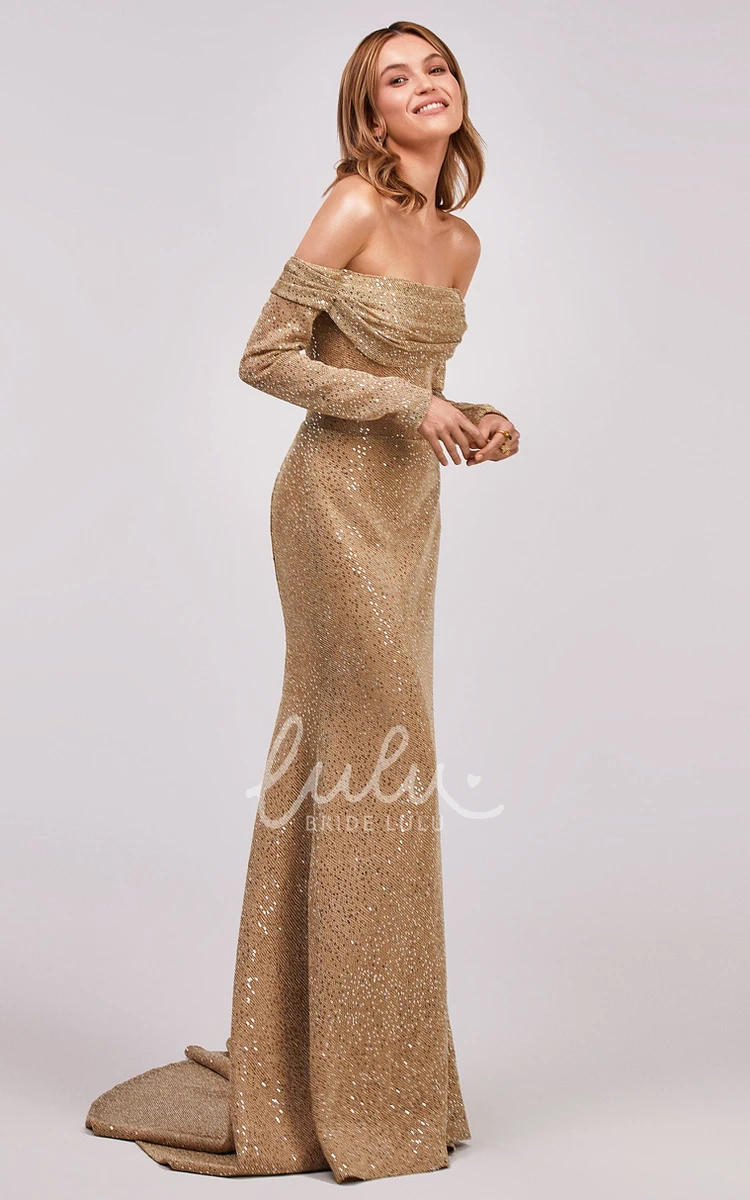 Mermaid Sequins Long Sleeve Formal Dress with Off-Shoulder and Corset Back
