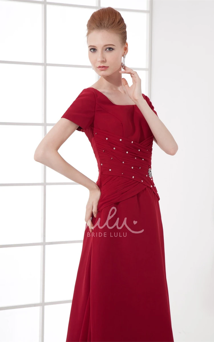 Short Sleeve Square Neck Bridesmaid Dress with Broach and Ruching Ankle Length