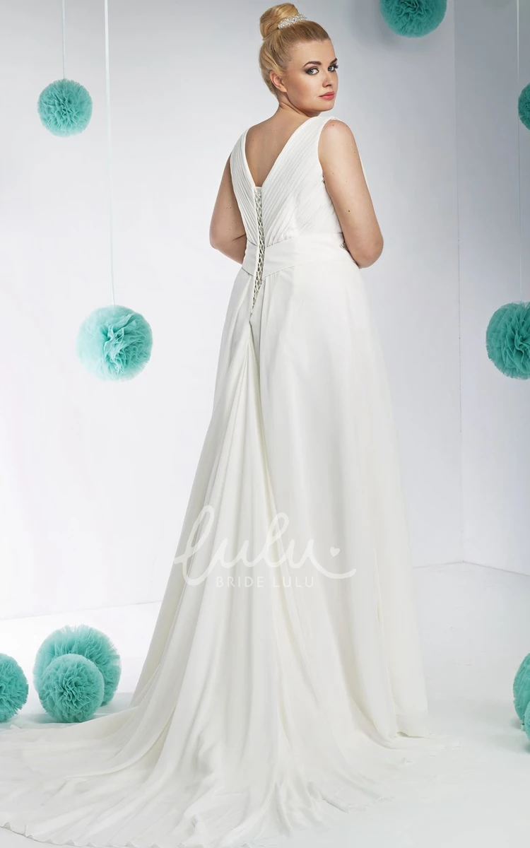 Plus Size Chiffon V-Neck Wedding Dress with Ruching and Waist Jewelry