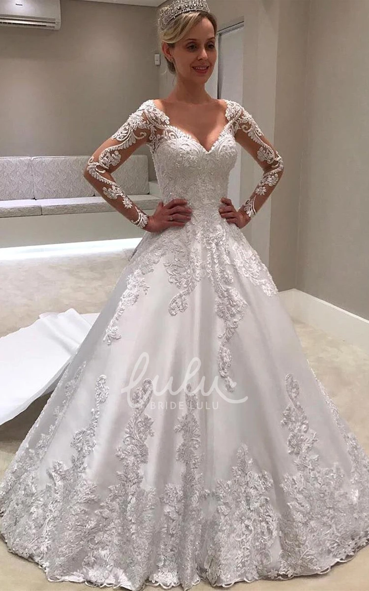 Ethereal Satin Ball Gown Wedding Dress with V-neck and Appliques Court Train