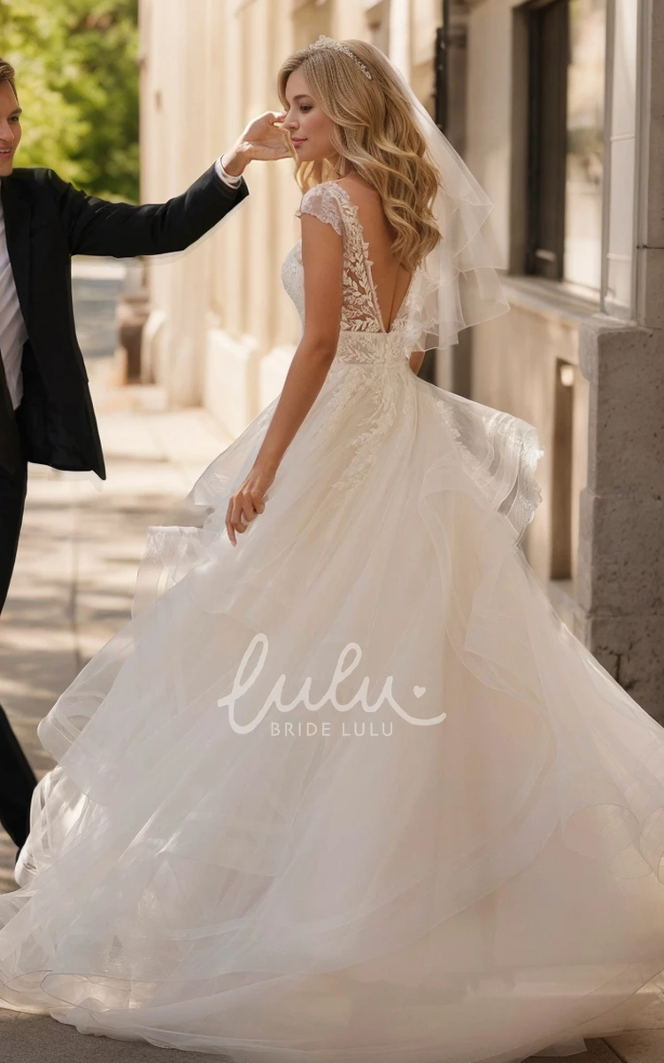 Sexy Romantic A-Line Sleeveless Plunging Neckline Floor-length Lace Tulle Wedding Dress Elegant Appliques Ruffles Button Deep-V Back Bridal Gown