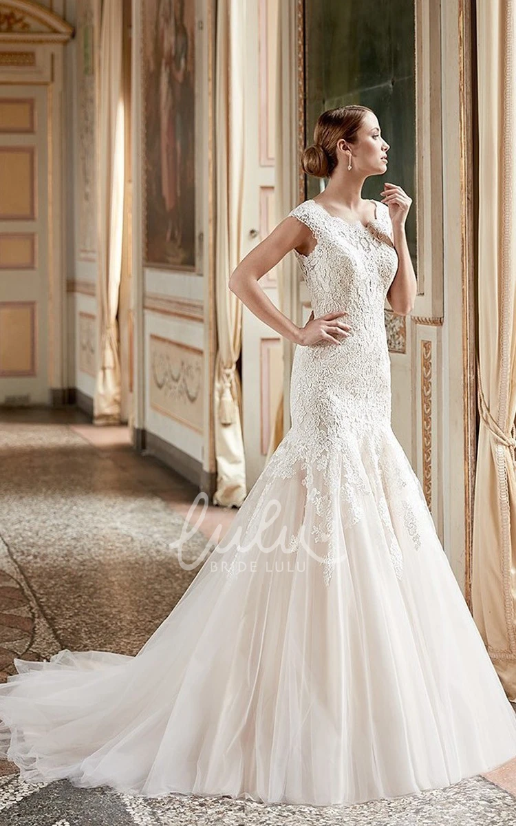 Cap-Sleeve Scoop-Neck Lace&Tulle Mermaid Wedding Dress