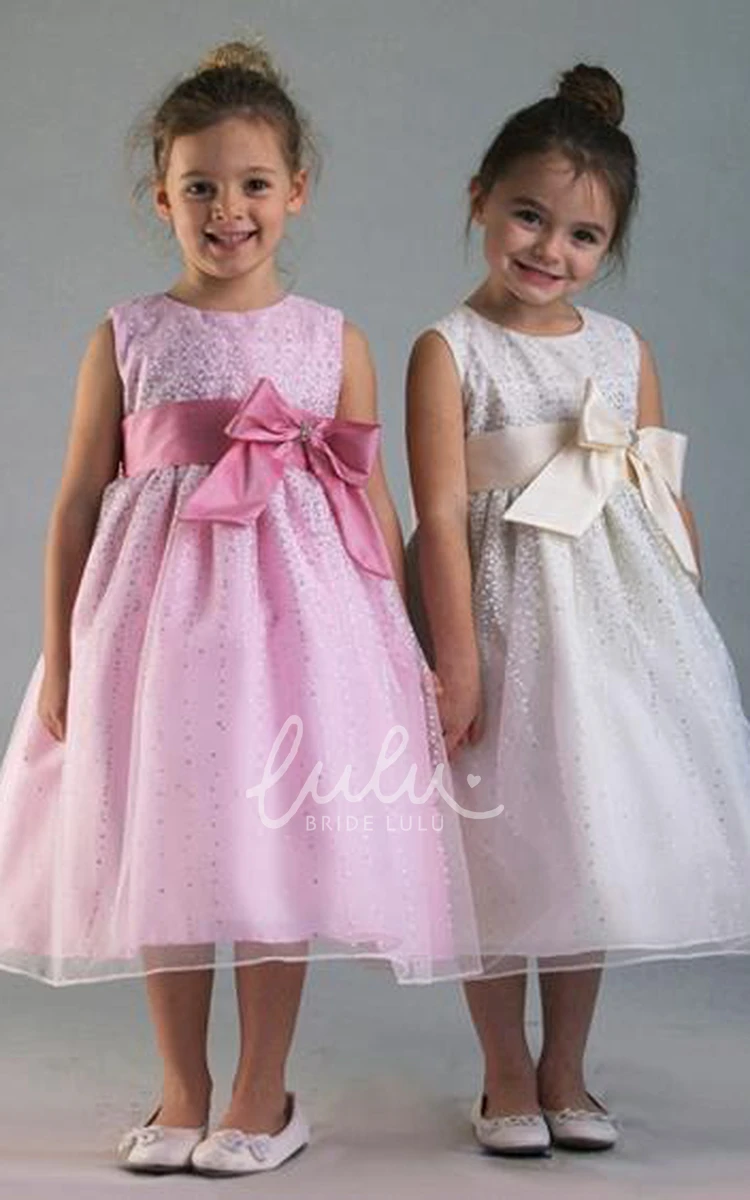 Tiered Split Front Tea-Length Flower Girl Dress with Bowed Tulle&Satin