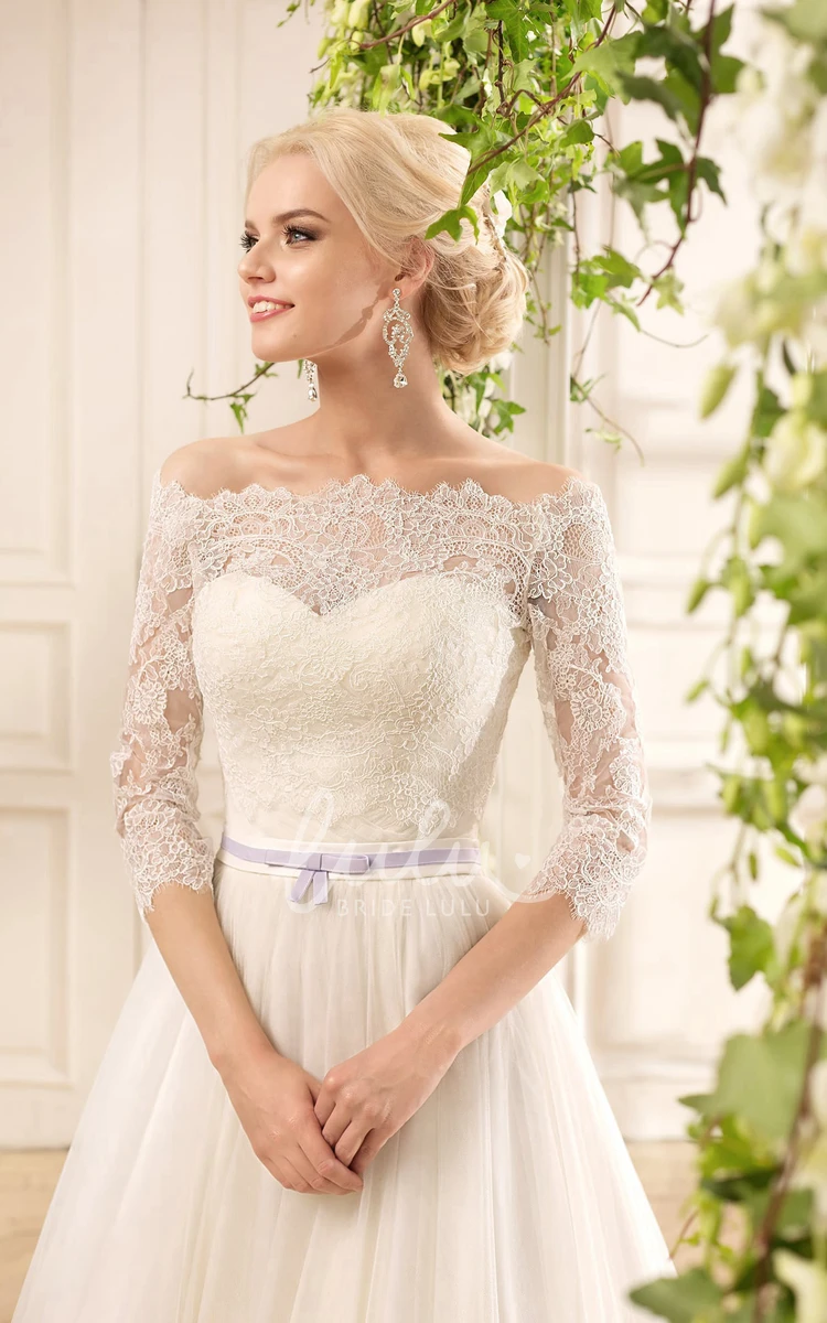 Off-The-Shoulder Tulle Lace Wedding Dress with Criss Cross and Pleats