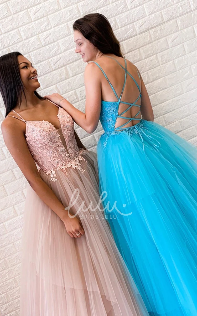 Simple A-Line Tulle Formal Dress with Appliques and Lace-Up Back