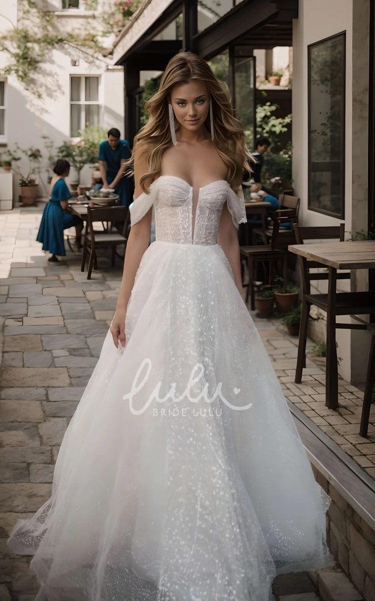 Boho A-Line Off-the-Shoulder Beading Wedding Dress Sparkly Princess Floor-Length Corset Back Bridal Gown