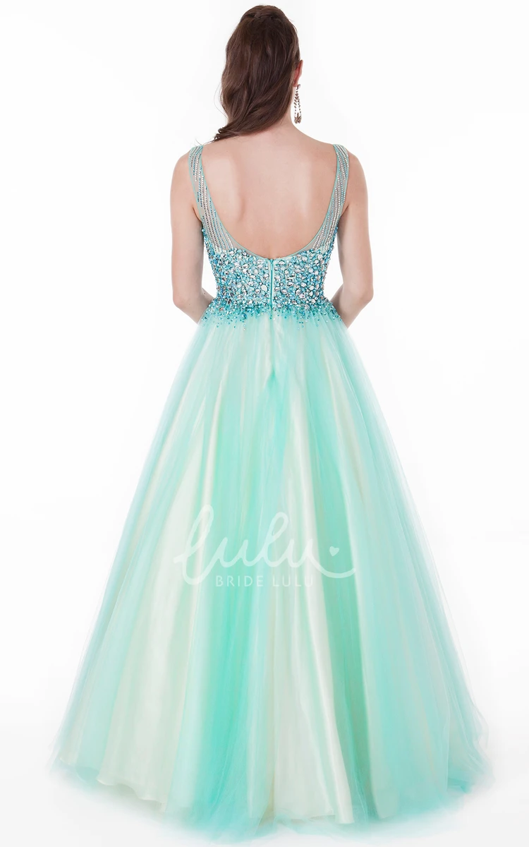 Beaded A-Line Tulle&Satin Prom Dress with Pleats Floor-Length Sleeveless Jewel-Neck