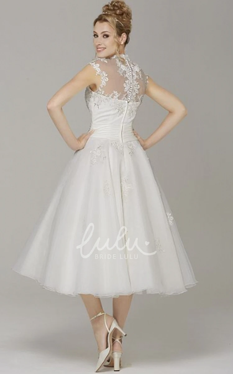 High Neck Cap-Sleeve Tea-Length Tulle Wedding Dress With Appliques A-Line Tea-Length Tulle Wedding Dress with Appliques and High Neck