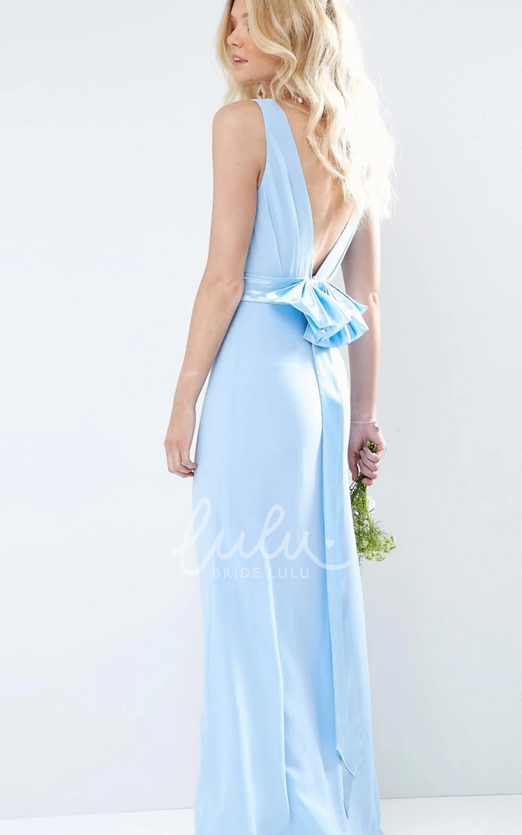 High Neck Sleeveless Chiffon Bridesmaid Dress with Bow Sheath Style