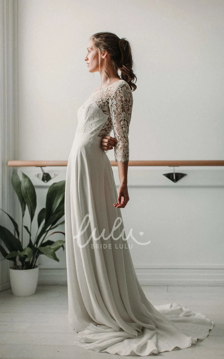 Lace & Chiffon Sheath 3/4 Sleeve Backless Wedding Dress Elegant & Romantic