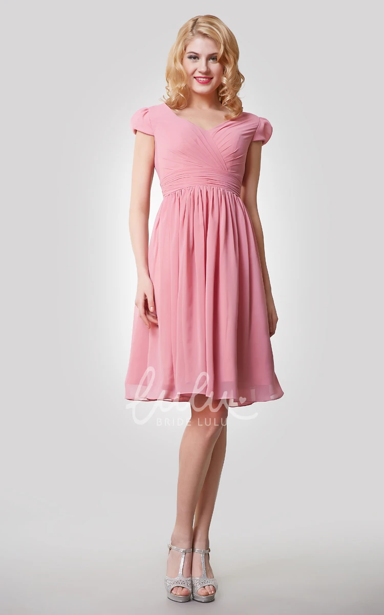 Cap Sleeve A-Line Prom Dress Chiffon with Pleats and Knee Length