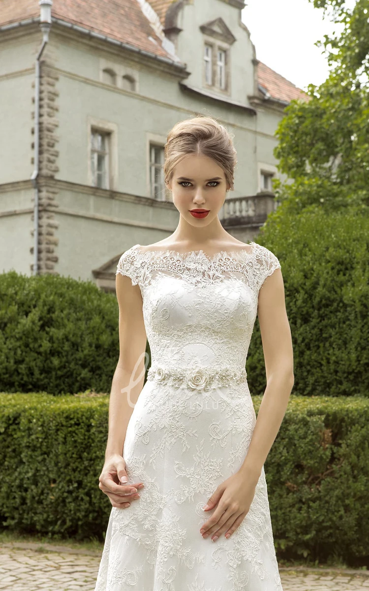 Lace Cap Sleeve Wedding Dress with Flower and Corset Back