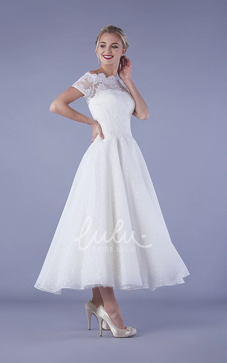 Ankle Length Vintage Bateau Wedding Dress with Illusion Lace and Buttons on Tulle
