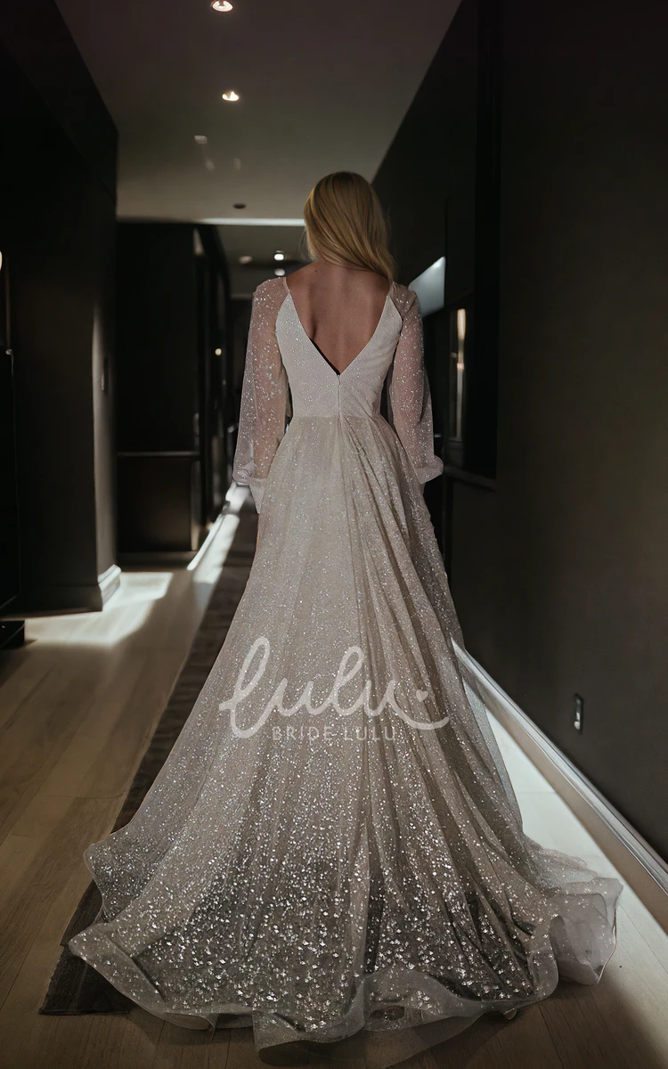 Sequins Deep-V Back Illusion Long Sleeve Elegant Floor-length Wedding Dress